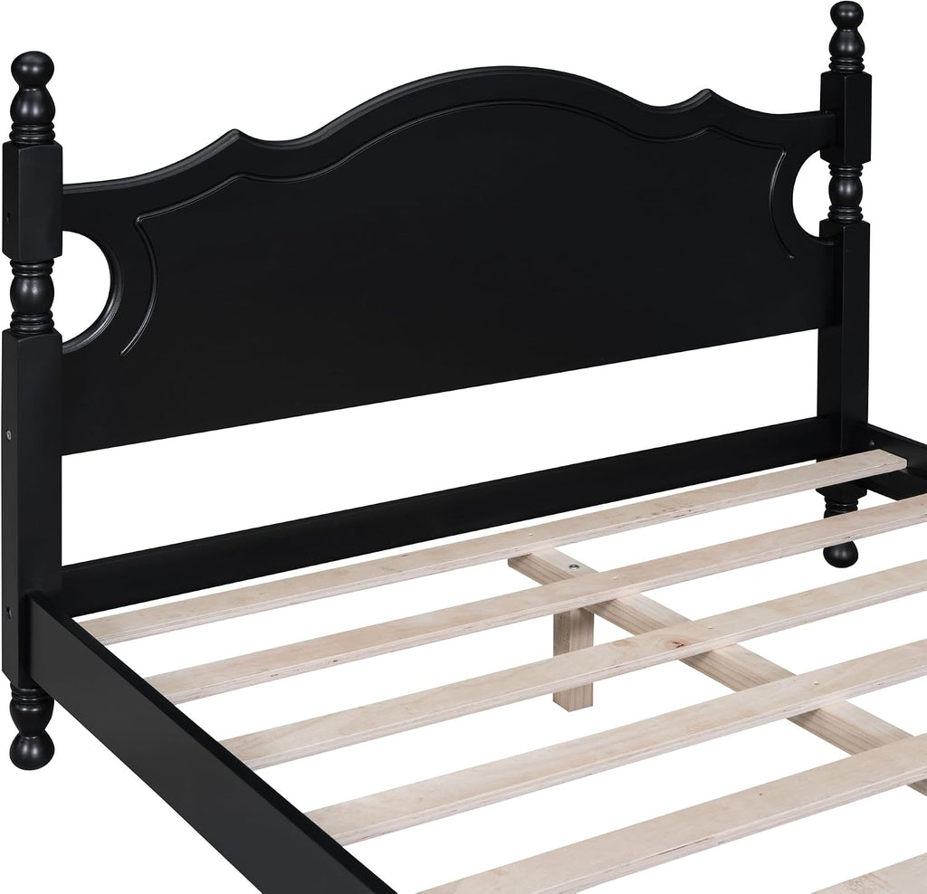 Solid Wood Bed Frame Full Size, Wooden Retro Style Platform Bed Frame with Headboard and Footboard, Heavy Duty Bed Frame with 10 Wood Slats Support,No Box Spring Needed,Noiseless (Black, Full)