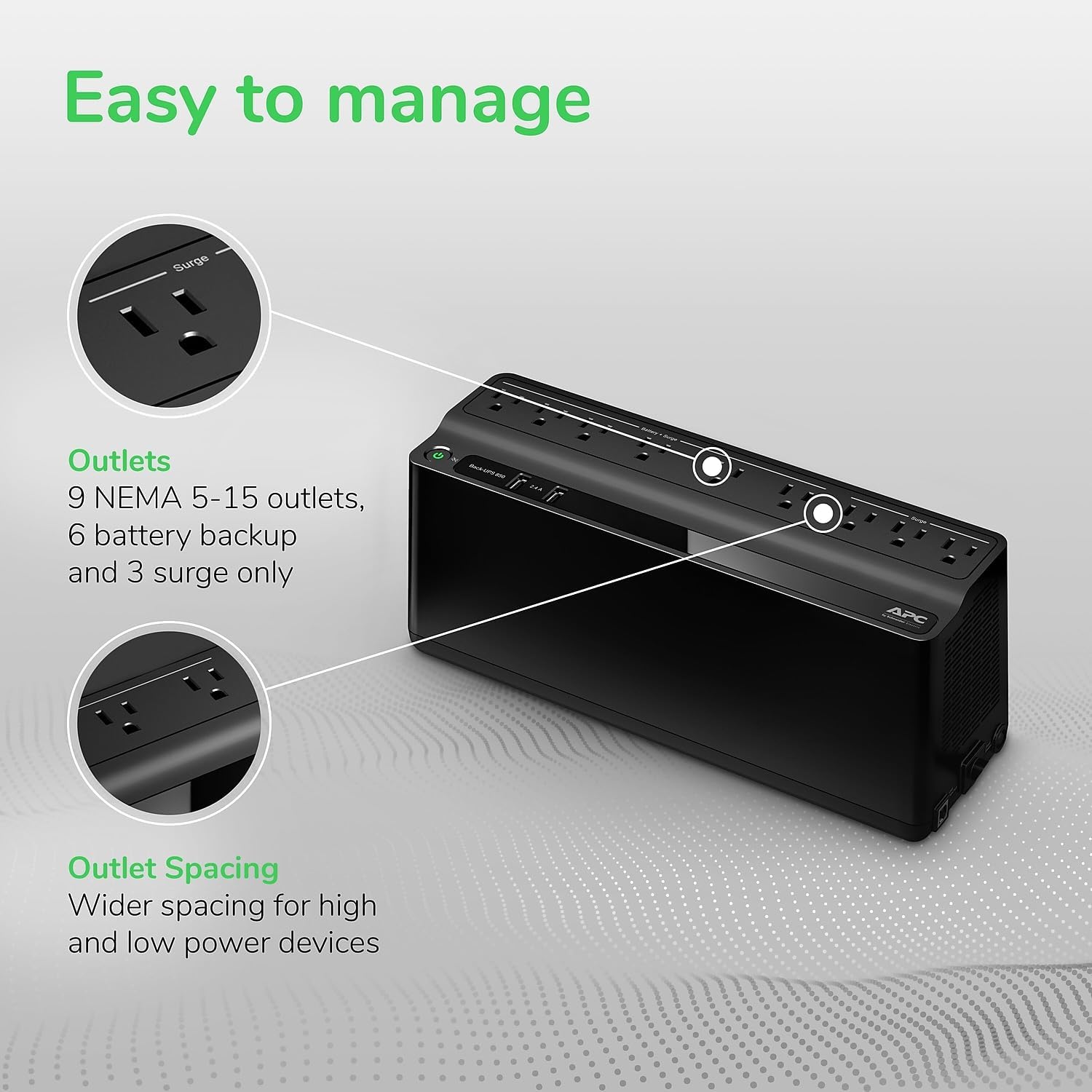 APC Back-UPS 850VA/450W Battery Backup UPS & Surge Protector, 9 Outlets, 20-Min Runtime, Protects PC, Router, NAS & Home Office |Model BE850G2