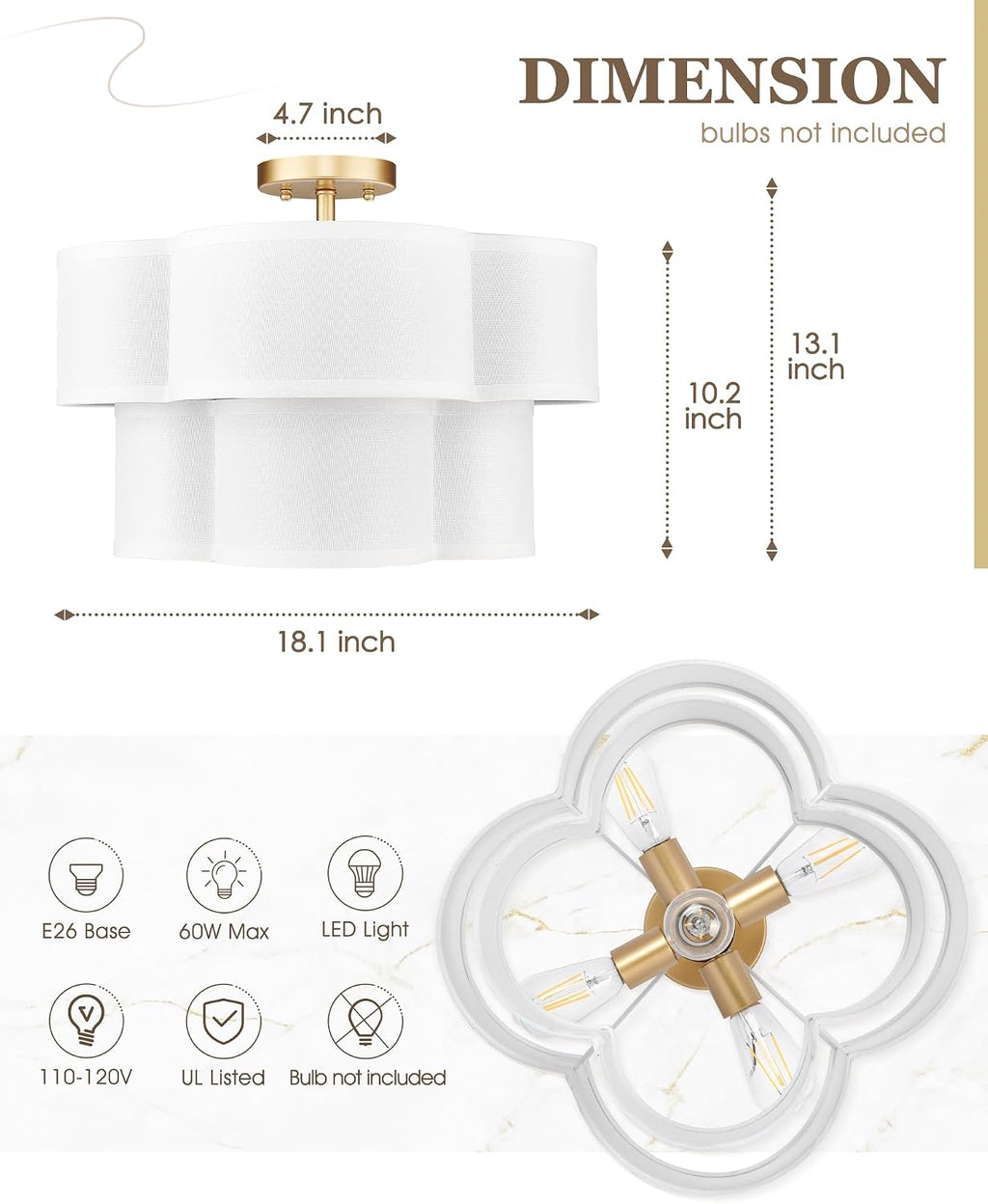 Gold Semi Flush Mount Ceiling Light, 5-Light 18' Ceiling Light Fixtures with Double Fabric Drum Shade in Quatrefoil Shape, Light Fixtures Ceiling Mount for Nursery Bedroom, AD-22007-5SF-GD