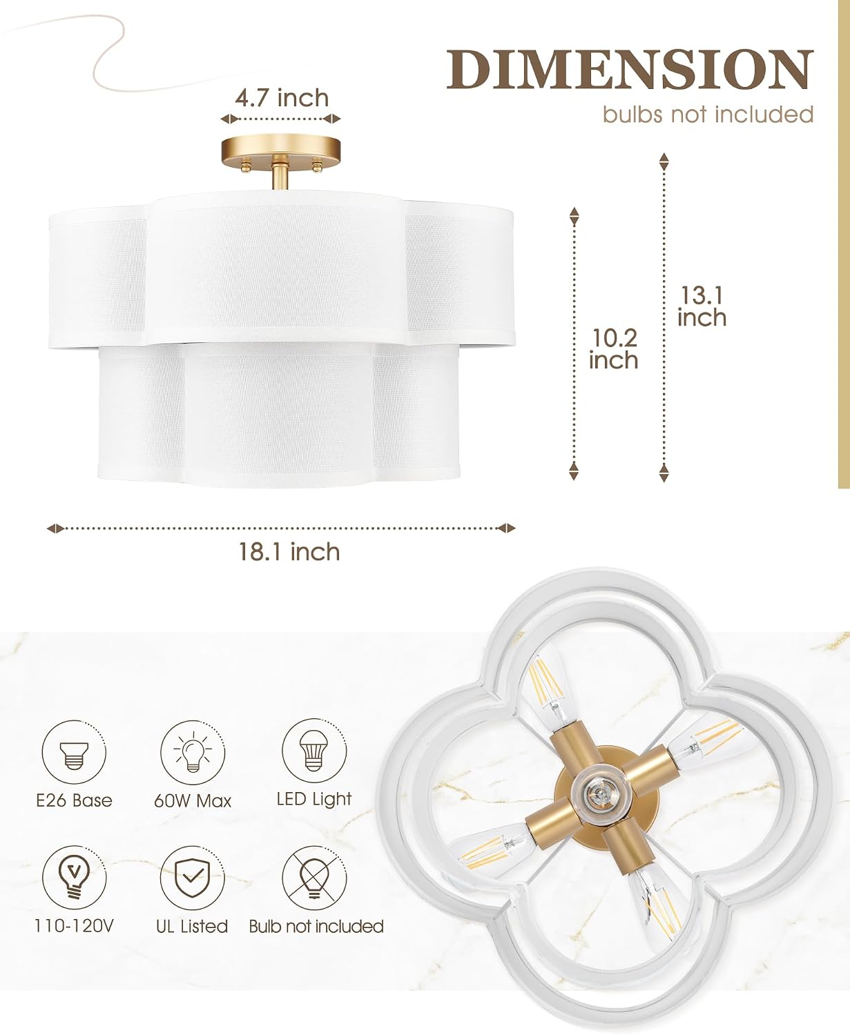Gold Semi Flush Mount Ceiling Light, 5-Light 18' Ceiling Light Fixtures with Double Fabric Drum Shade in Quatrefoil Shape, Light Fixtures Ceiling Mount for Nursery Bedroom, AD-22007-5SF-GD
