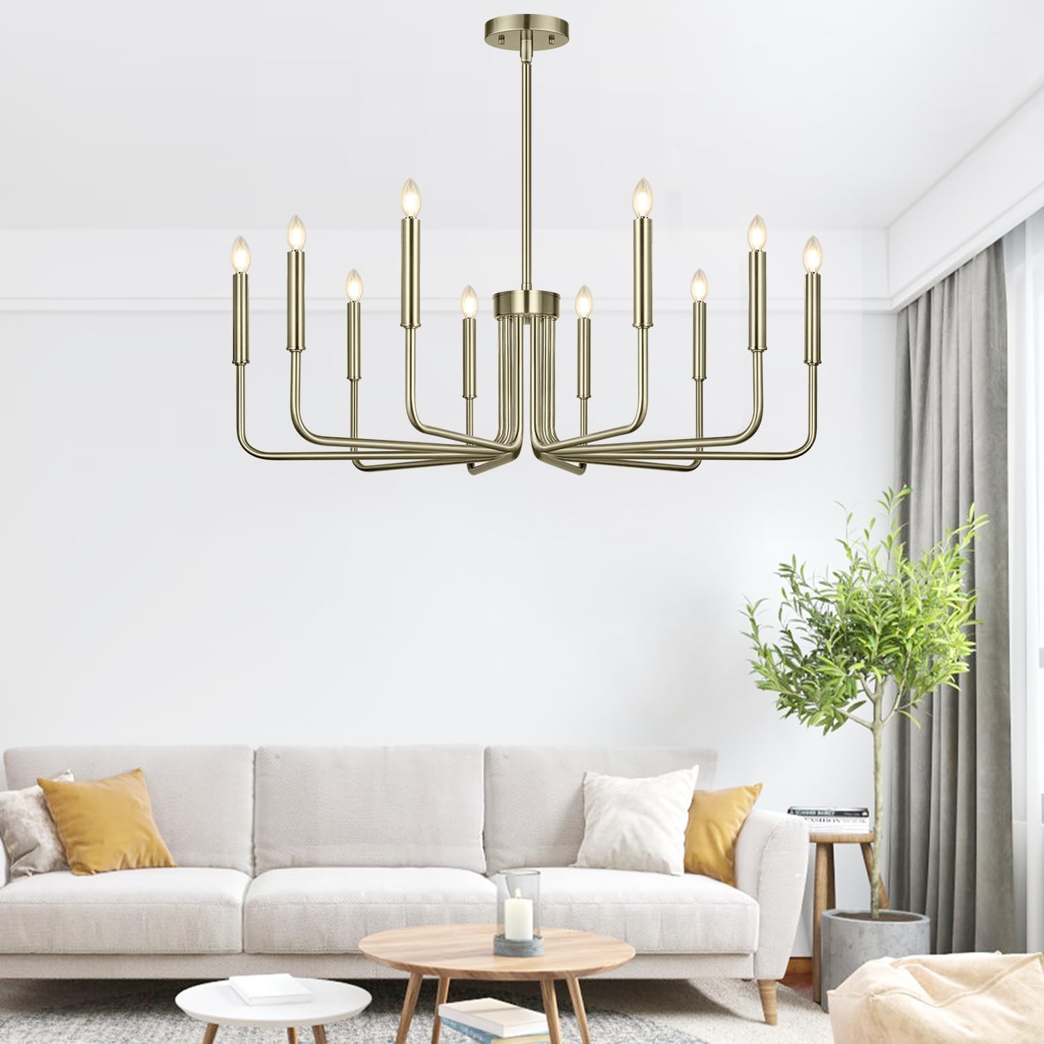 Lynnoland Brass 10-Light Farmhouse Chandelier for Dining Room Lighting Fixtures Hanging, Vintage Candle Pendant Light Fixtures Chandelier for Bedroom, Foyer and Living Room