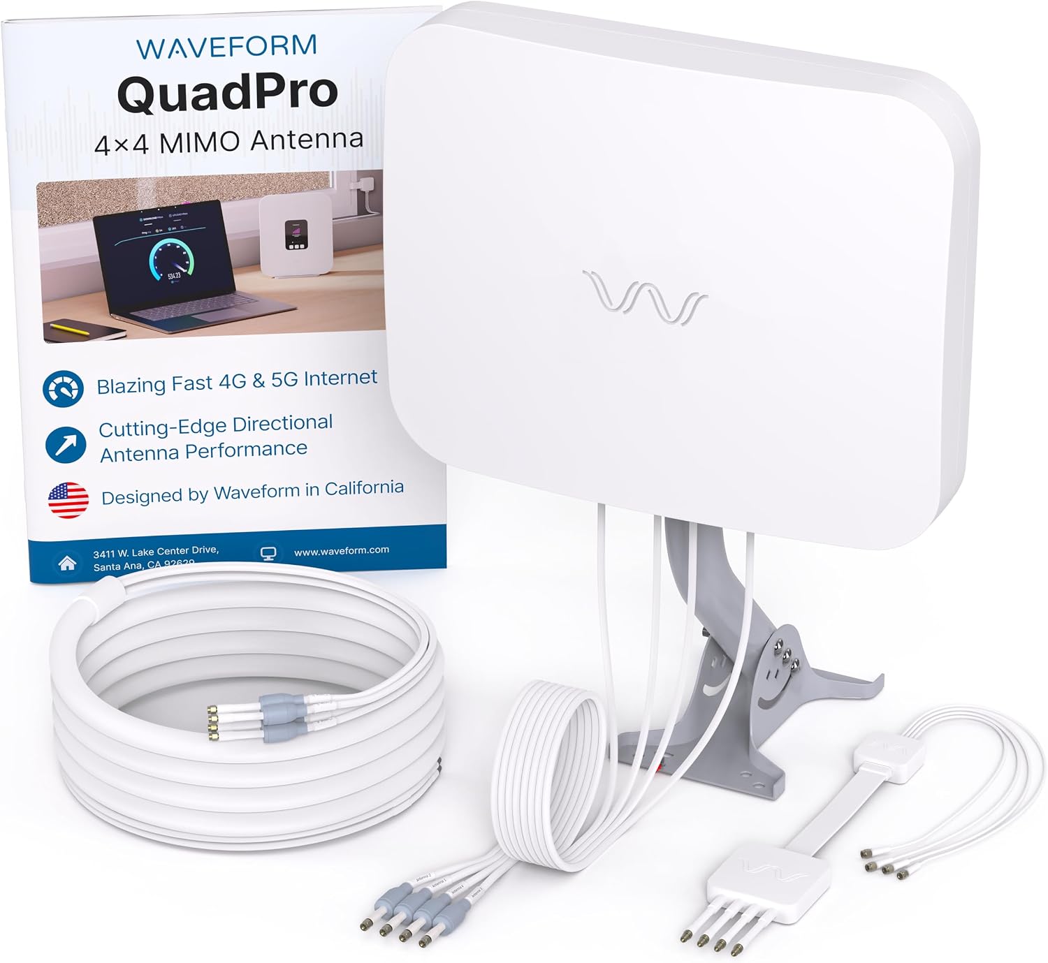 Waveform QuadPro Kit + 30' Total Cable Bundle - 4x4 MIMO Panel for 4G/5G Routers & Gateways for T-Mobile Home Internet, Verizon, AT&T Kit with 1x 20', 1x 10' SMA Cable, Mount, U.Fl adapters