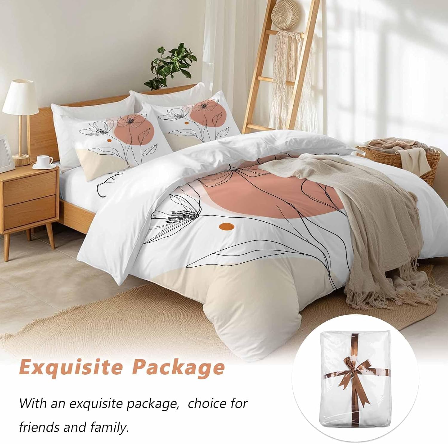 Prime Leader Floral Line Duvet Cover Set Queen Size 4 Pieces Minimalist Flower Modern Bedding Set with Zipper Closure, 1 Comforter Cover 92x106 Inches 1 Flat Sheet & 2 Pillow Cases