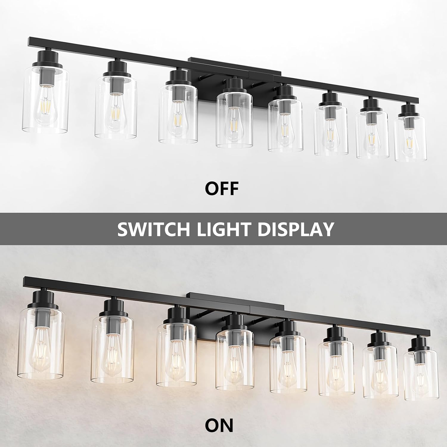 8 Light Black Bathroom Vanity Light Fixture, Long Farmhouse Vanity Lights Over Mirror,Modern Large Bathroom Lighting Wall Light with Clear Glass Globe for Mirror,Living Room,Bedroom
