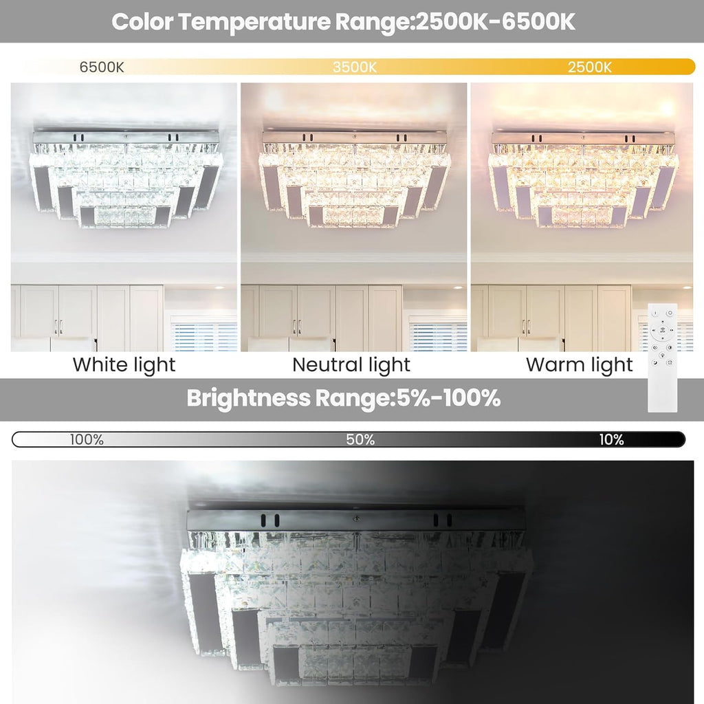 Dimmable Square Crystal Flush Mount Ceiling Light, 15' 3-Tier Crystal Chandelier Ceiling Light, Remote Included, 3000–6500K CCT, K9 Crystal & Stainless Steel for Living Room Dining Room Bedroom