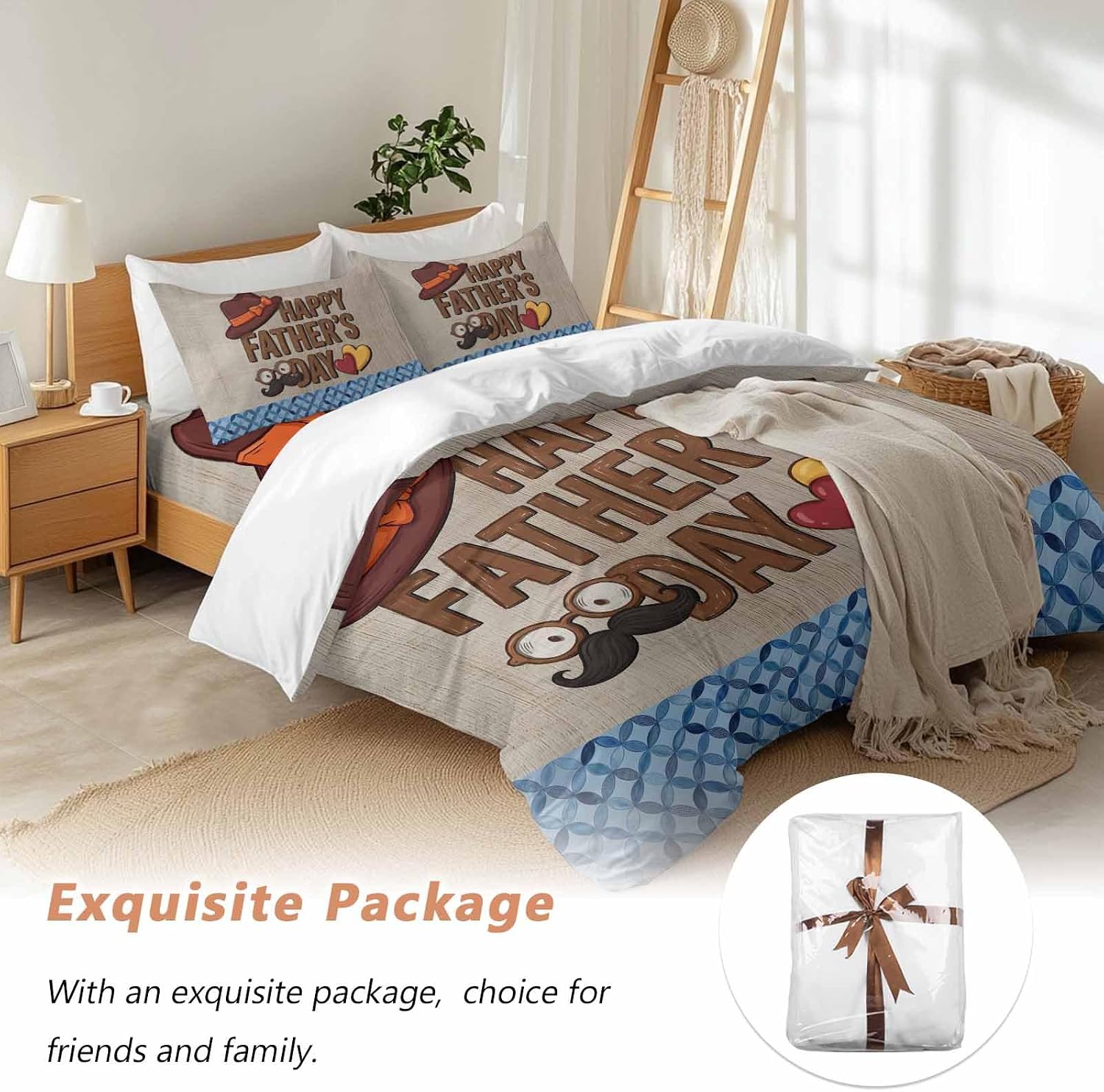 Prime Leader Father's Day Duvet Cover Set Queen Size 4 Pieces Wood Grain Retro Love Heart Hat Brown Blue Bedding Set with Zipper Closure, 1 Comforter Cover 92x106 Inches 1 Flat Sheet & 2 Pillow Cases