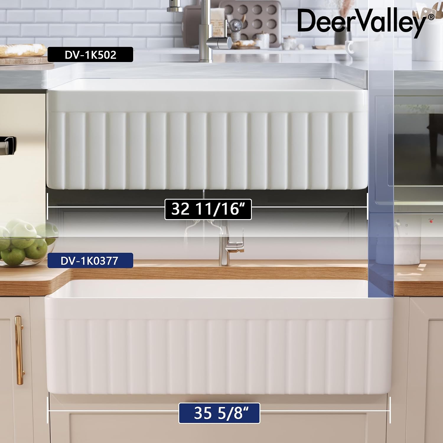DeerValley Solstice Fireclay Farmhouse Sinks, 35.6'L x 18'W Farmhouse Kitchen Sink White Large Single Bowl Farm Sink Reversible Apron Front with Sink Grid and Basket Strainer