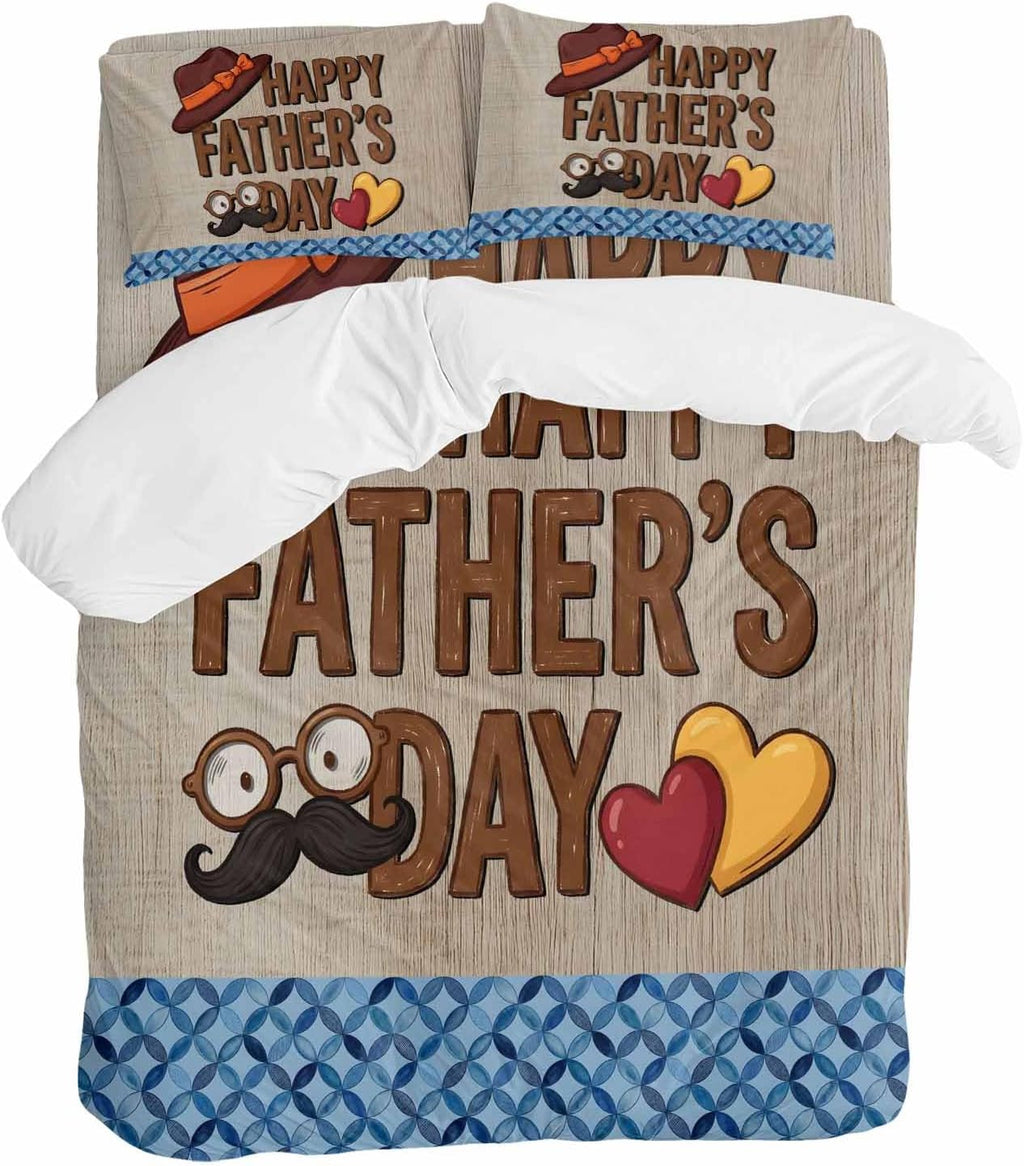 Prime Leader Father's Day Duvet Cover Set Queen Size 4 Pieces Wood Grain Retro Love Heart Hat Brown Blue Bedding Set with Zipper Closure, 1 Comforter Cover 92x106 Inches 1 Flat Sheet & 2 Pillow Cases