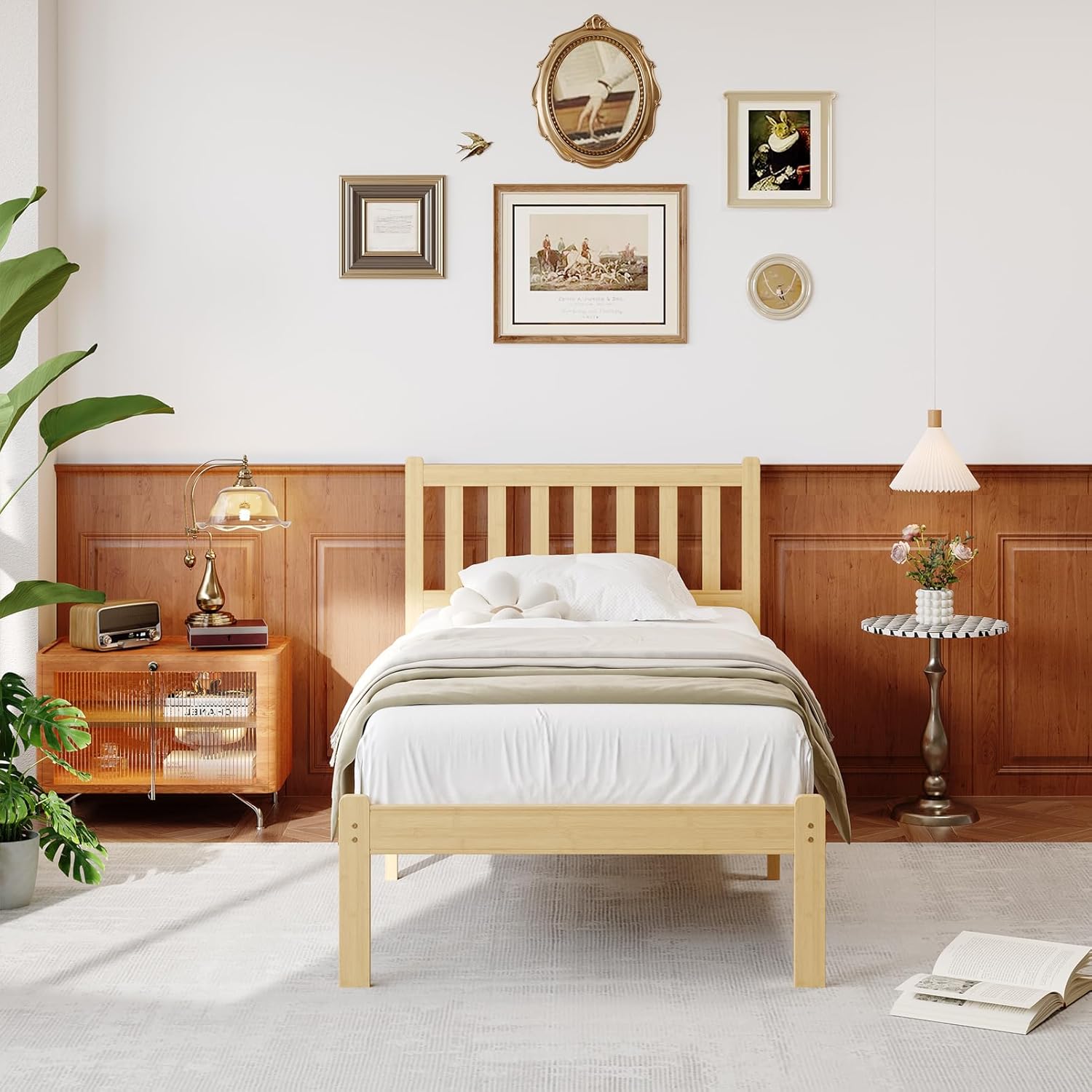 14 in High Solid Bamboo Wood Twin Bed Frame with Headboard, Platform Twin Size Bed Frame, Heavy Duty, No Box Spring Needed, Nosie Free