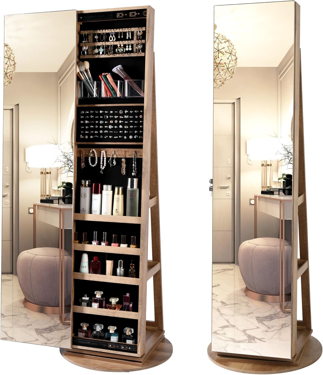 LVSOMT 360° Swivel Jewelry Cabinet with Full Length Mirror, 63' Large Capacity Jewelry Organizer Armoire, Lockable Mirror with Jewelry Storage, Floor Standing Mirror, Rear Storage Shelves