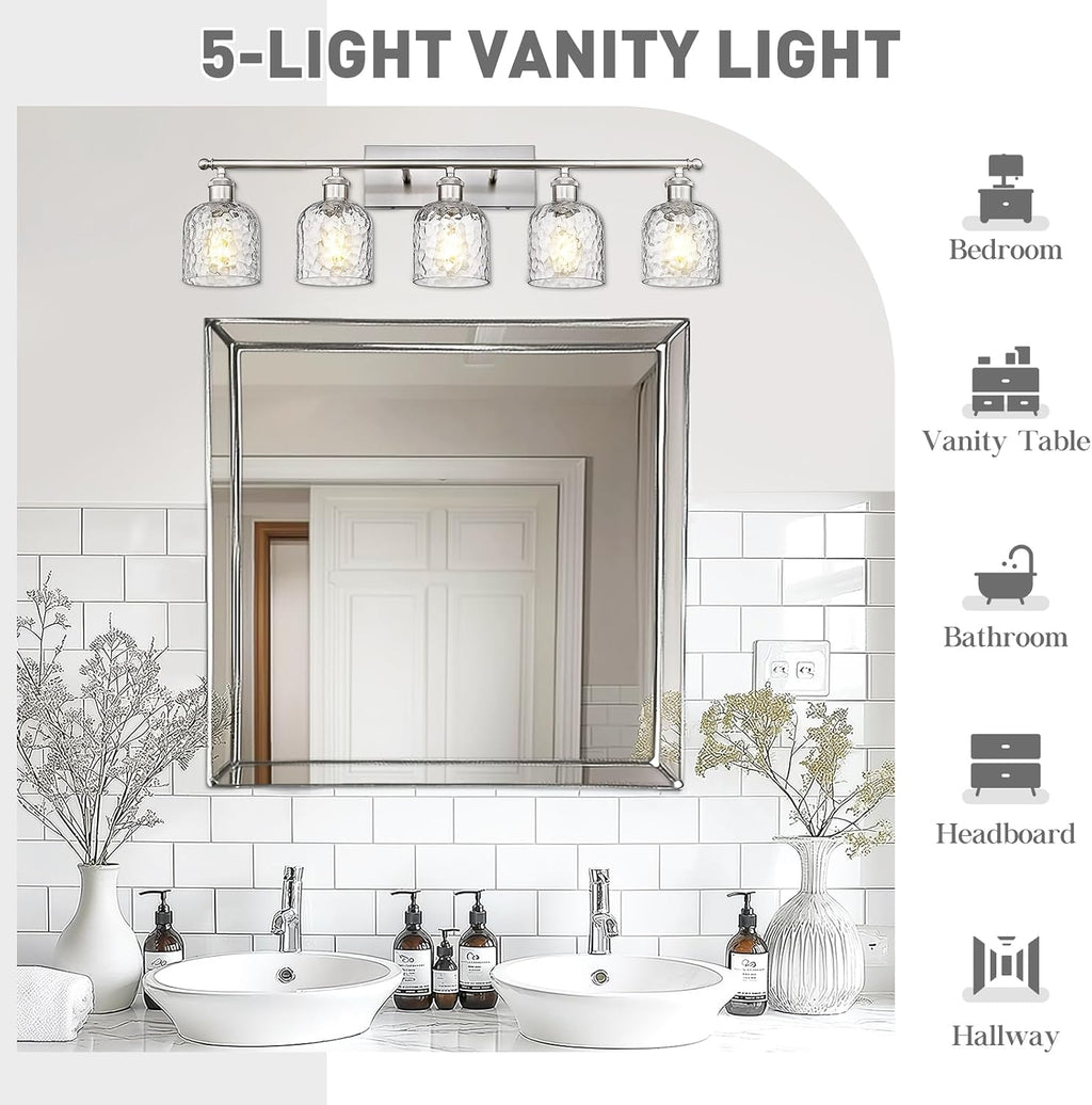 zeyu Modern Brushed Nickel Bathroom Lights Fixture, 35 Inch 5 Light Vanity Lighting Over Mirror, Brushed Nickel Finish with Clear Hammered Glass, ZJF63B-5W BN