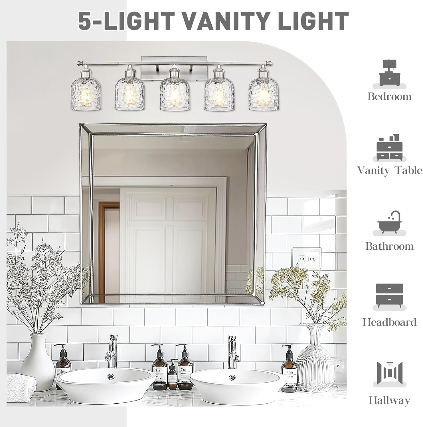 zeyu Modern Brushed Nickel Bathroom Lights Fixture, 35 Inch 5 Light Vanity Lighting Over Mirror, Brushed Nickel Finish with Clear Hammered Glass, ZJF63B-5W BN