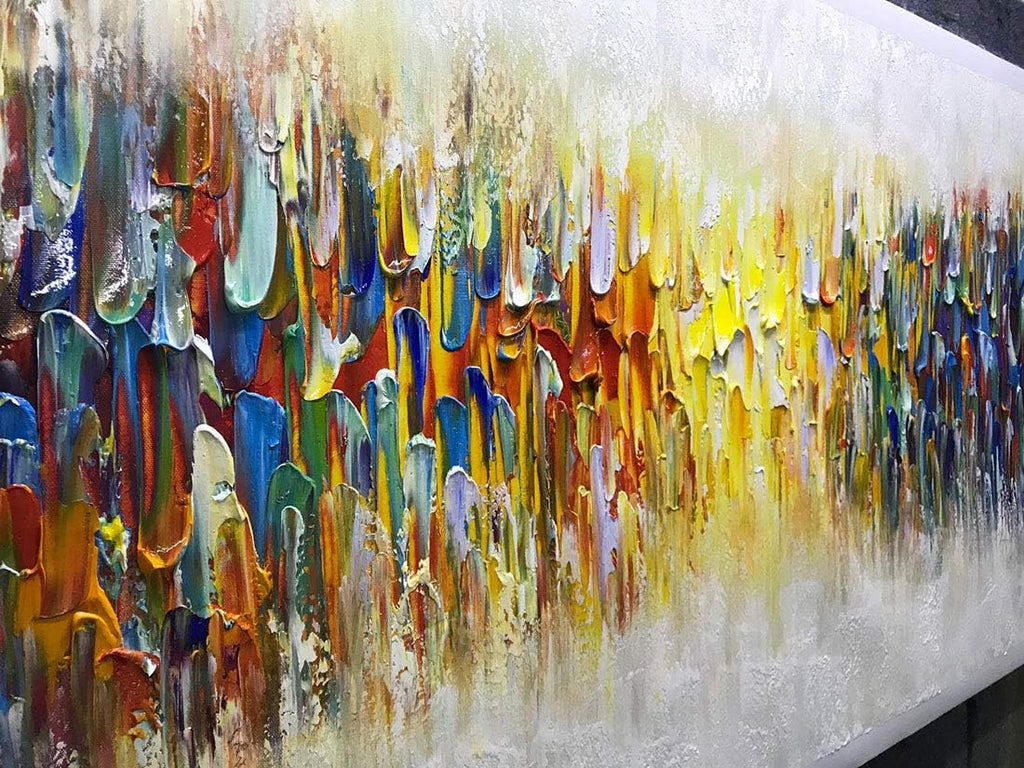 AMEI Art,24x60Inch Large Size Knife Painted Texture Art Yellow White Abstract Canvas Wall Art Colorful Modern Oil Paintings Framed Ready to Hang
