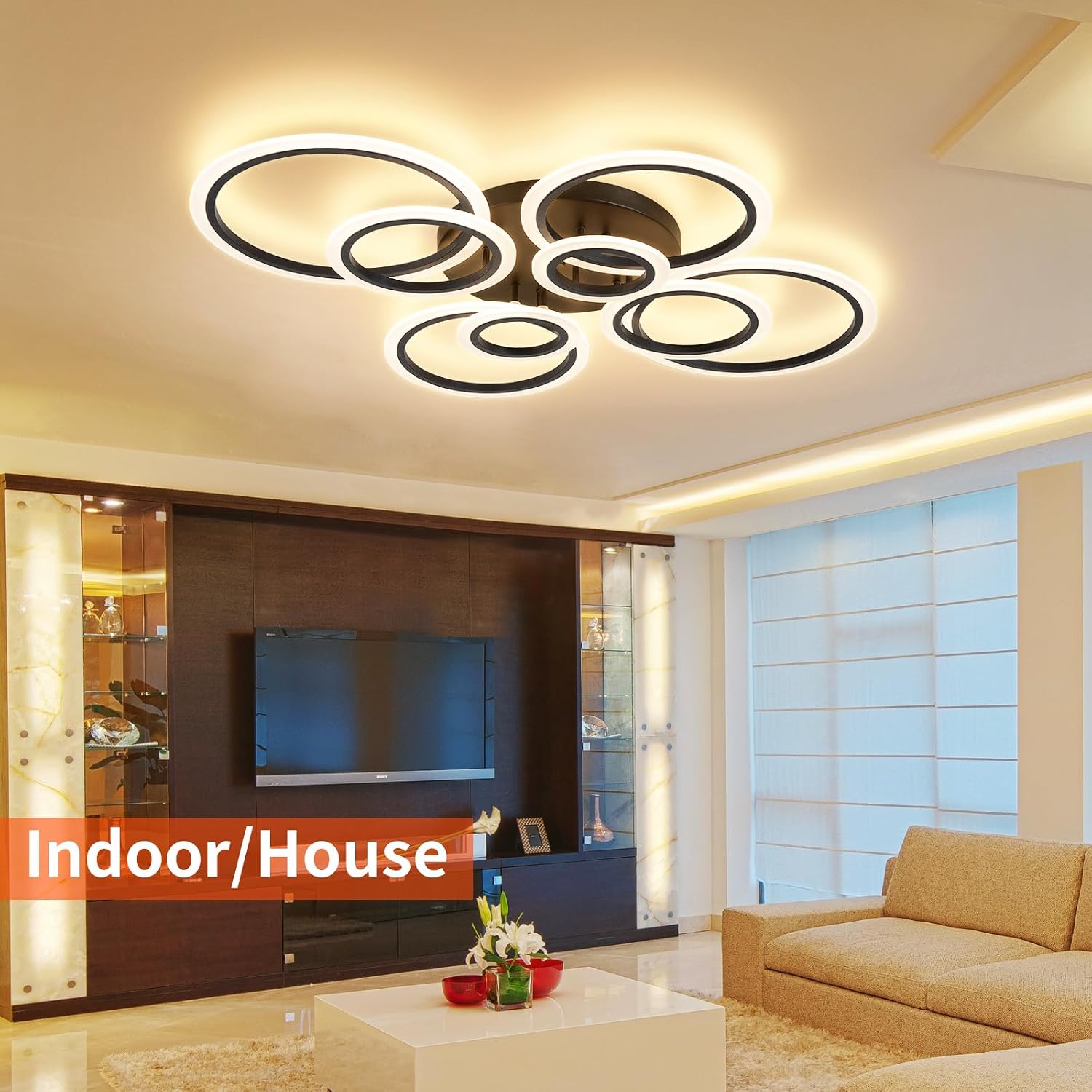 Shine LUEST Modern Ceiling Light, 41.3'' Dimmable LED Black Flush Mount Ceiling Lights with Remote Acrylic Round Ceiling Lamp Fixture for Low Ceiling Bedroom Living Room Dining Room, 108W