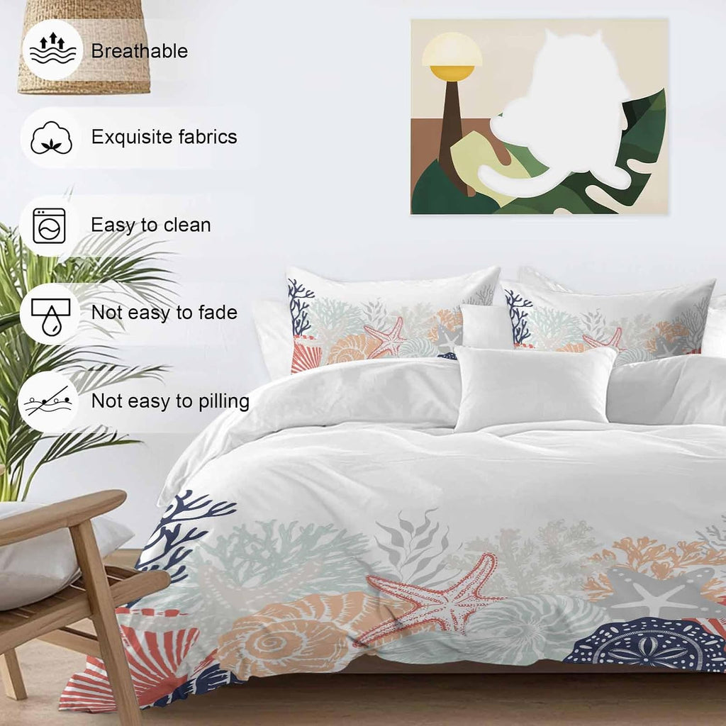 Summer Marine Life Duvet Cover Set Queen Size 4 Pieces Ocean Gray Coral Coastal Starfish Conch Bedding Set with Zipper Closure, 1 Comforter Cover 92x106 Inches 1 Flat Sheet & 2 Pillow Cases