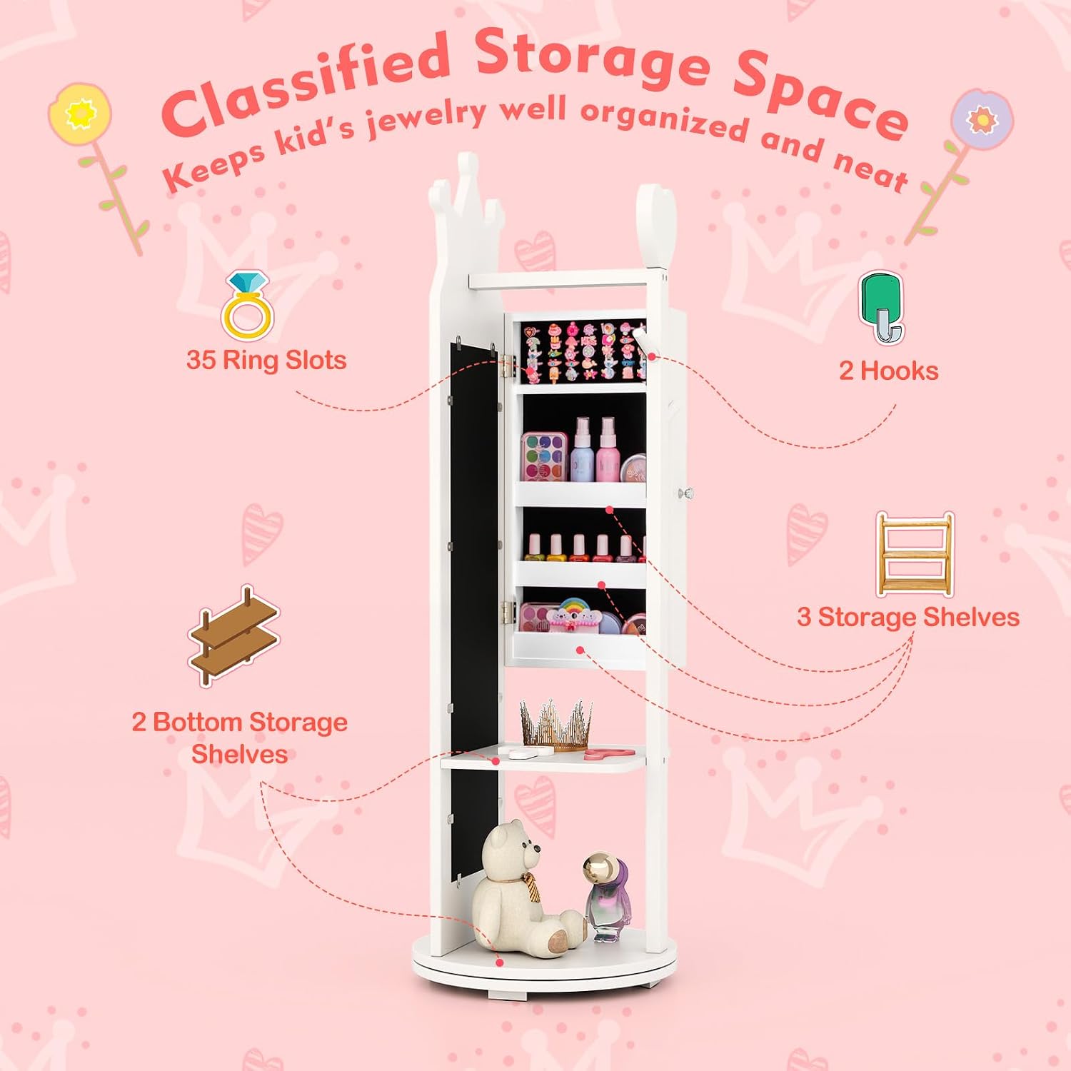 GLACER Kids Vanity with Stool, Rotatable Kids Jewelry Armoire, Kids Vanity Table and Chair Set w/Coat Rack, Storage Shelves, Full-Length Mirror, Solid Wood Legs, Kids Bedroom Furniture (White)