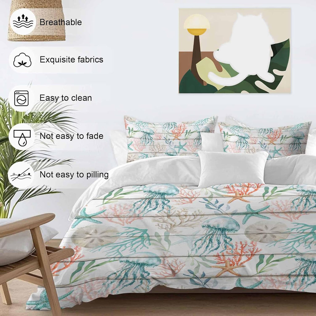 Prime Leader Teal Jellyfish Starfish Duvet Cover Set Queen Size 4 Pieces Summer Beach Coral Shell Board Bedding Set with Zipper Closure, 1 Comforter Cover 90x92 Inches 1 Flat Sheet & 2 Pillow Cases
