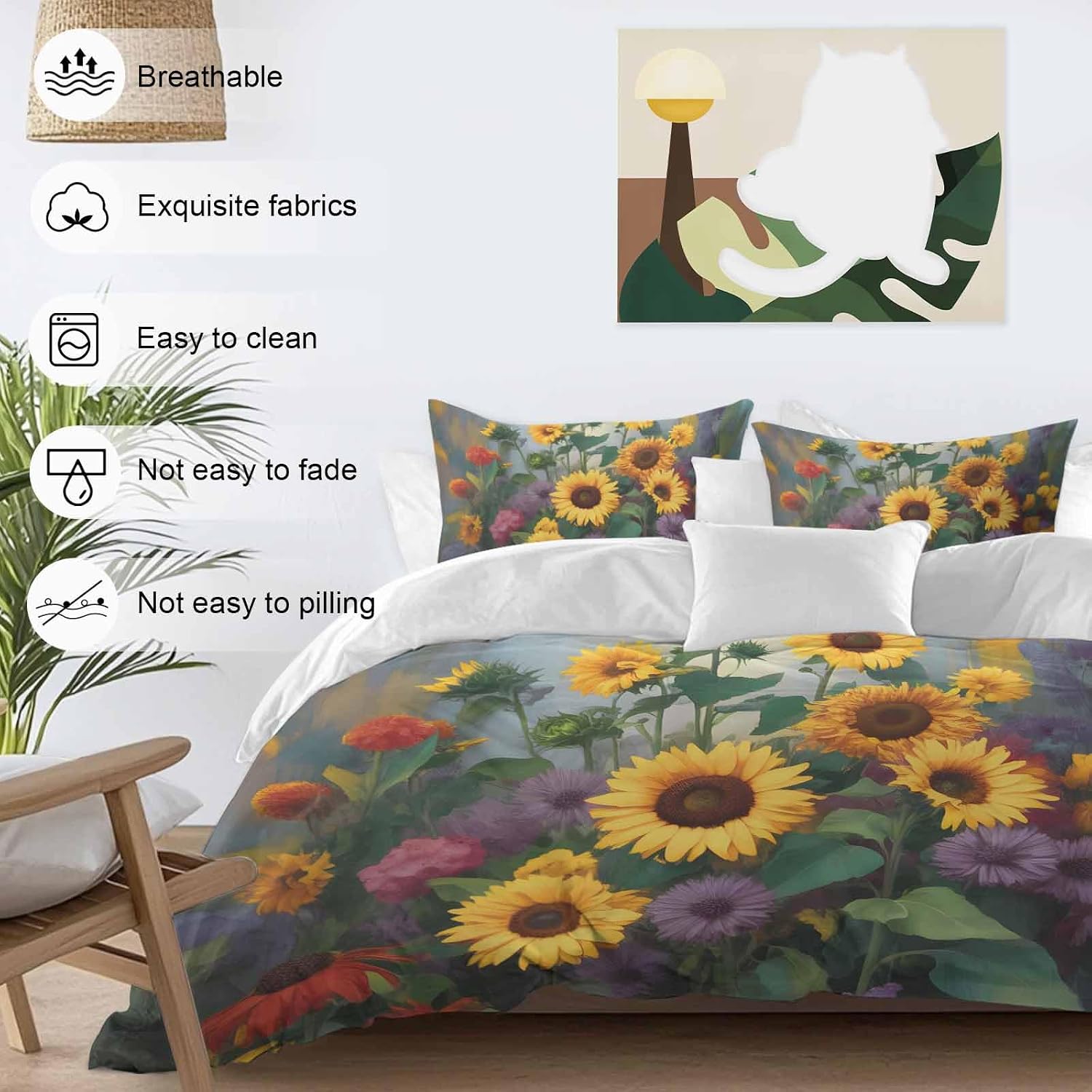 Spring Florals Duvet Cover Set Queen Size 4 Pieces Watercolor Sunflowers Country Green Leaves Bedding Set with Zipper Closure, 1 Comforter Cover 92x106 Inches 1 Flat Sheet & 2 Pillow Cases