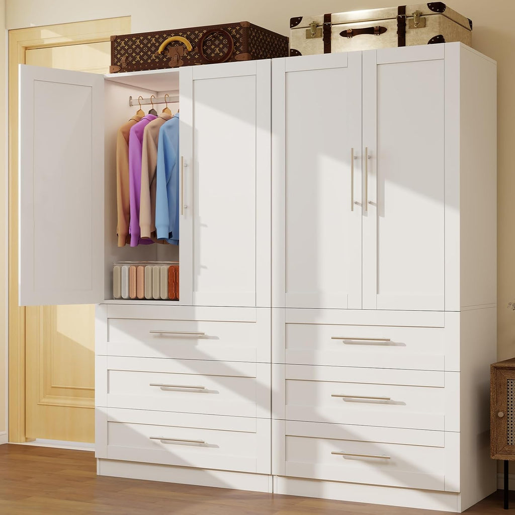 Armoire Wardrobe Closet with 6 Deep Drawers and Doors 71' Clothing Storage Cabinet with Hanging Rod Wooden Wardrobe Cabinet for Bedroom, Large Capacity Storage White, 2 Sets