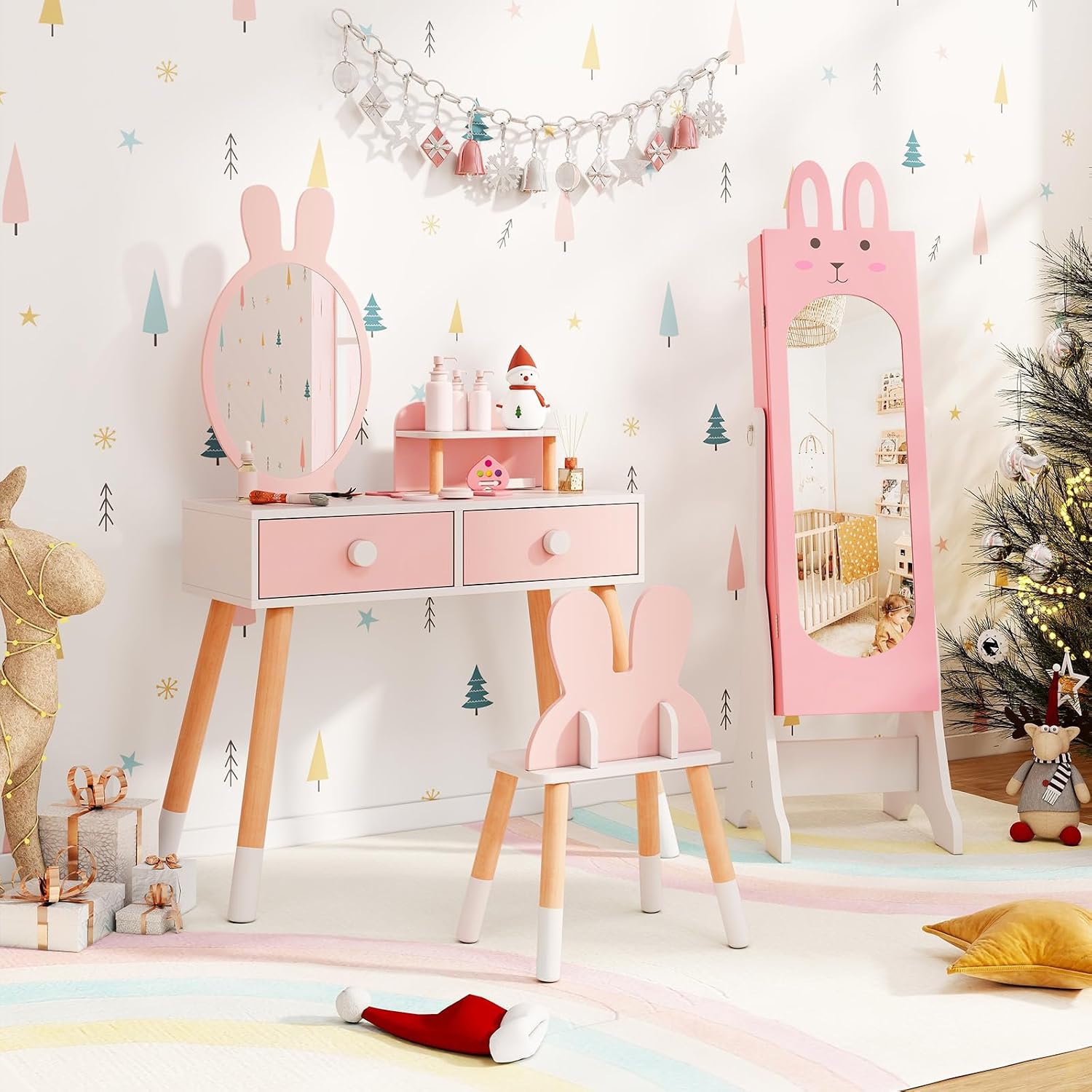 GLACER Kids Vanity & Jewelry Armoire, Princess Dressing Table and Chair Set, Wood Kids Dress Up Storage with Full-Length Mirror, 2 Adjustable Tilt Angles, Kids Bedroom Furniture Set for Girls (Pink)