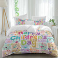 Happy Children's Day Duvet Cover Set Queen 4 Pieces Cartoon Animal Tigers Koalas Elephant Lions Foxes Plaid Bedding Set with Zipper Closure,1 Comforter Cover 92x106 Inch 1 Flat Sheet&2 Pillow Cases