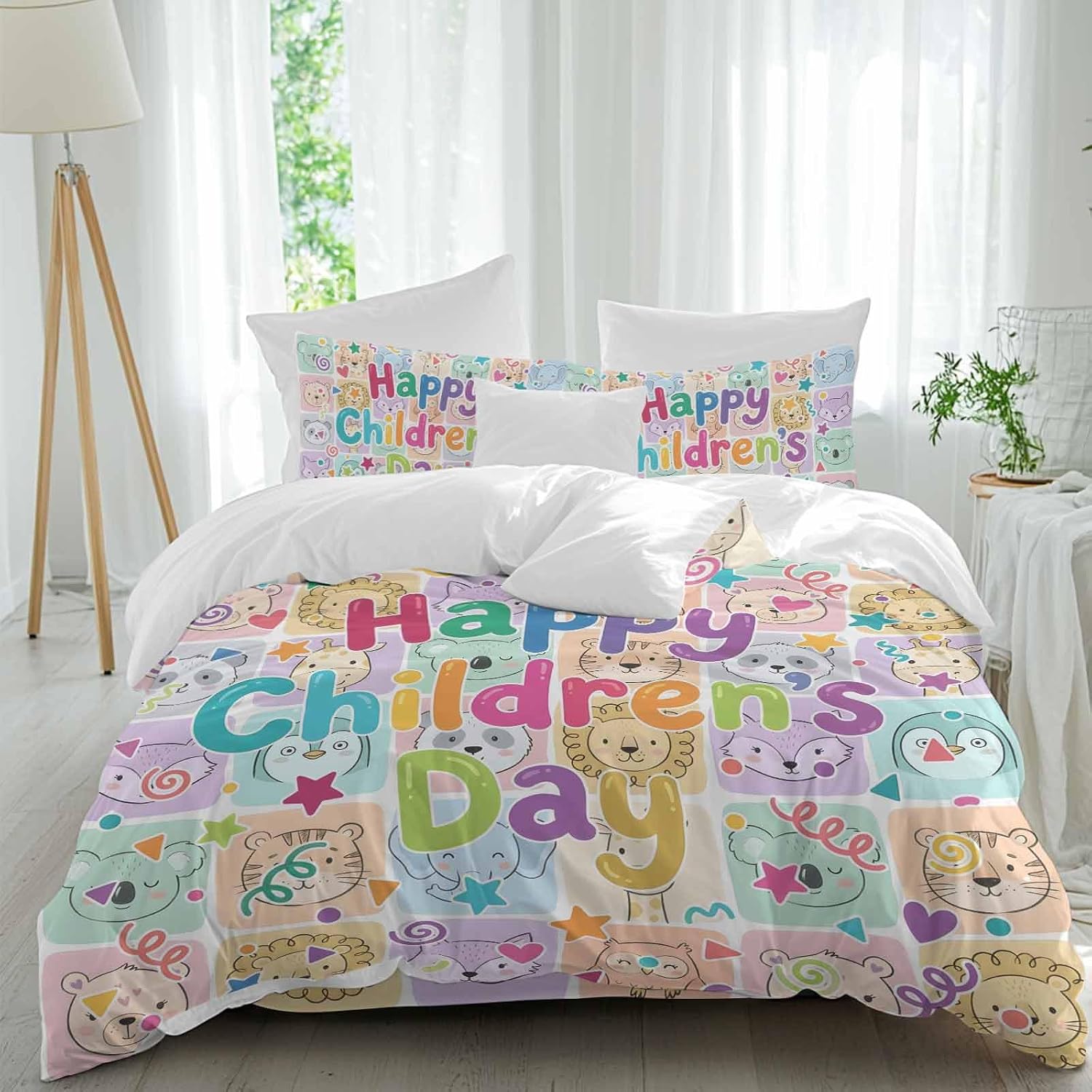Happy Children's Day Duvet Cover Set Queen 4 Pieces Cartoon Animal Tigers Koalas Elephant Lions Foxes Plaid Bedding Set with Zipper Closure,1 Comforter Cover 92x106 Inch 1 Flat Sheet&2 Pillow Cases