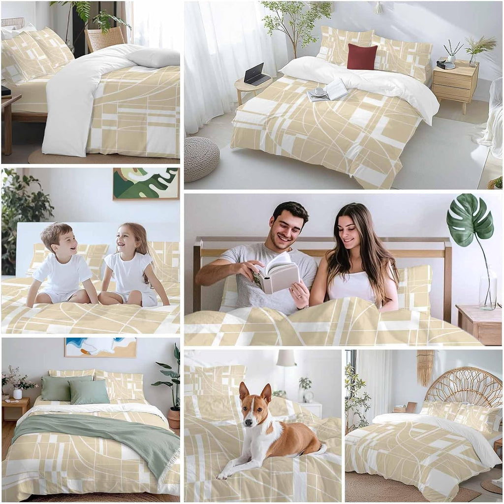 Prime Leader Lines Duvet Cover Set Queen Size 4 Pieces Abstarct Geometric White Lines Plaid Light Brown Bedding Set with Zipper Closure, 1 Comforter Cover 92x106 Inches 1 Flat Sheet & 2 Pillow Cases