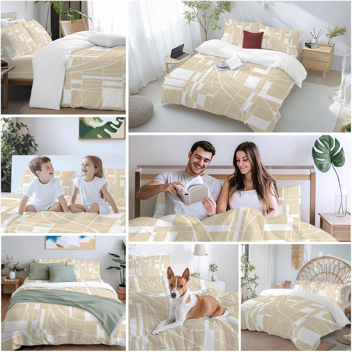 Prime Leader Lines Duvet Cover Set Queen Size 4 Pieces Abstarct Geometric White Lines Plaid Light Brown Bedding Set with Zipper Closure, 1 Comforter Cover 92x106 Inches 1 Flat Sheet & 2 Pillow Cases