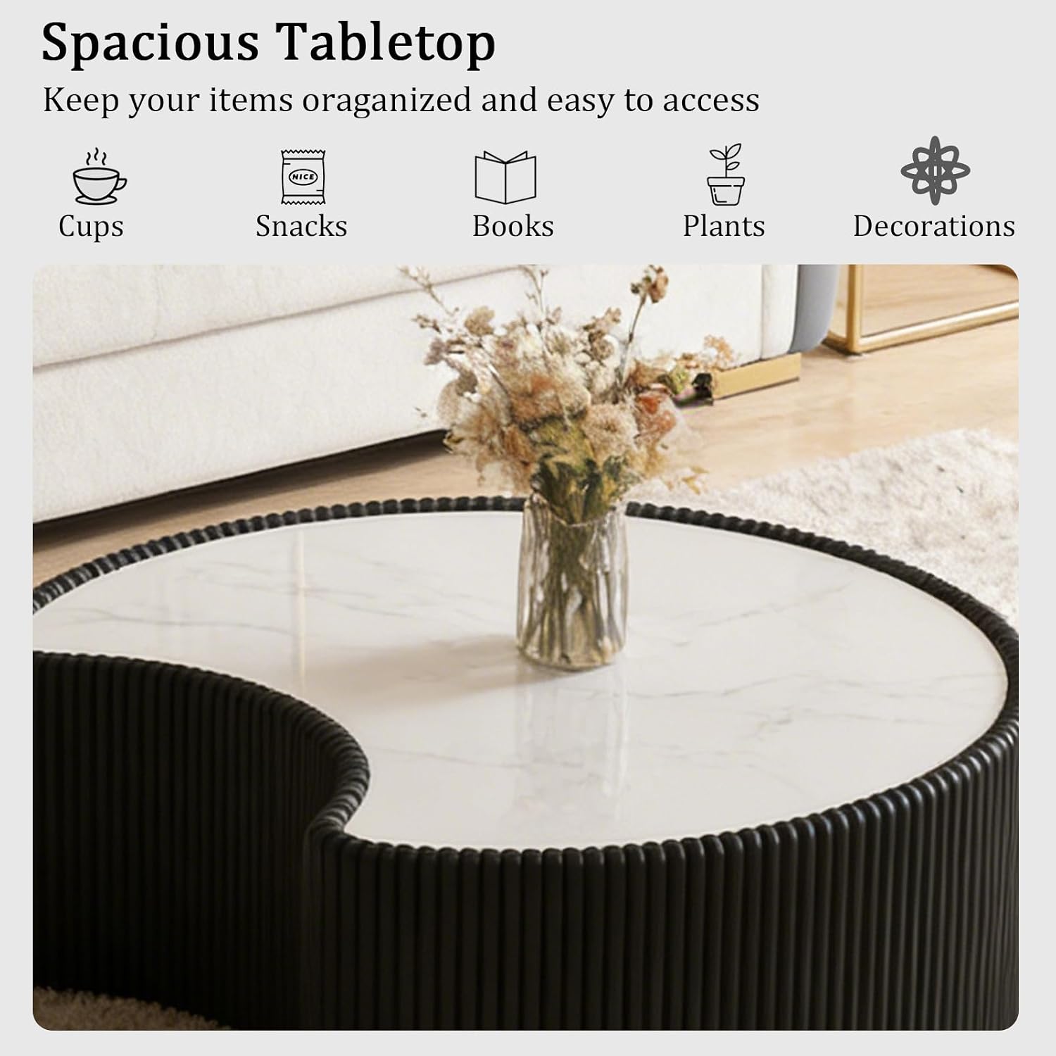 29.53' Black Round Coffee Table, Drum Coffee Table with Sintered Stone Tabletop and Fluted PU Leather Covered and Stable Base, Circle Cocktail Tea Table for Living Room
