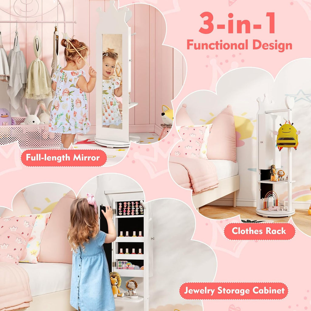 GLACER Kids Vanity with Stool, Rotatable Kids Jewelry Armoire, Kids Vanity Table and Chair Set w/Coat Rack, Storage Shelves, Full-Length Mirror, Solid Wood Legs, Kids Bedroom Furniture (White)