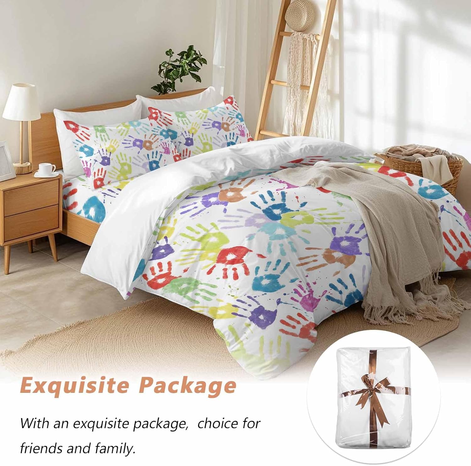 Colorful Cartoon Handprint Duvet Cover Set Queen Size 4 Pieces Cute Watercolor Red Green Blue Graffiti Bedding Set with Zipper Closure, 1 Comforter Cover 90x92 Inches 1 Flat Sheet & 2 Pillow Cases