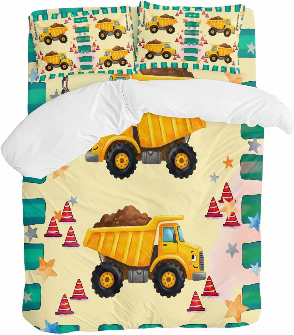 Prime Leader Cartoon Caravans Duvet Cover Set Queen Size 4 Pieces Hookups Roadblocks Stars Green Border Bedding Set with Zipper Closure, 1 Comforter Cover 86x86 Inches 1 Flat Sheet & 2 Pillow Cases