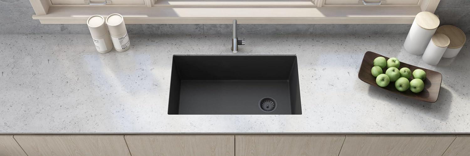 Ruvati 32 x 19 inch epiGranite Undermount Granite Composite Quartz Single Bowl Kitchen Sink - Midnight Black - RVG2033BK