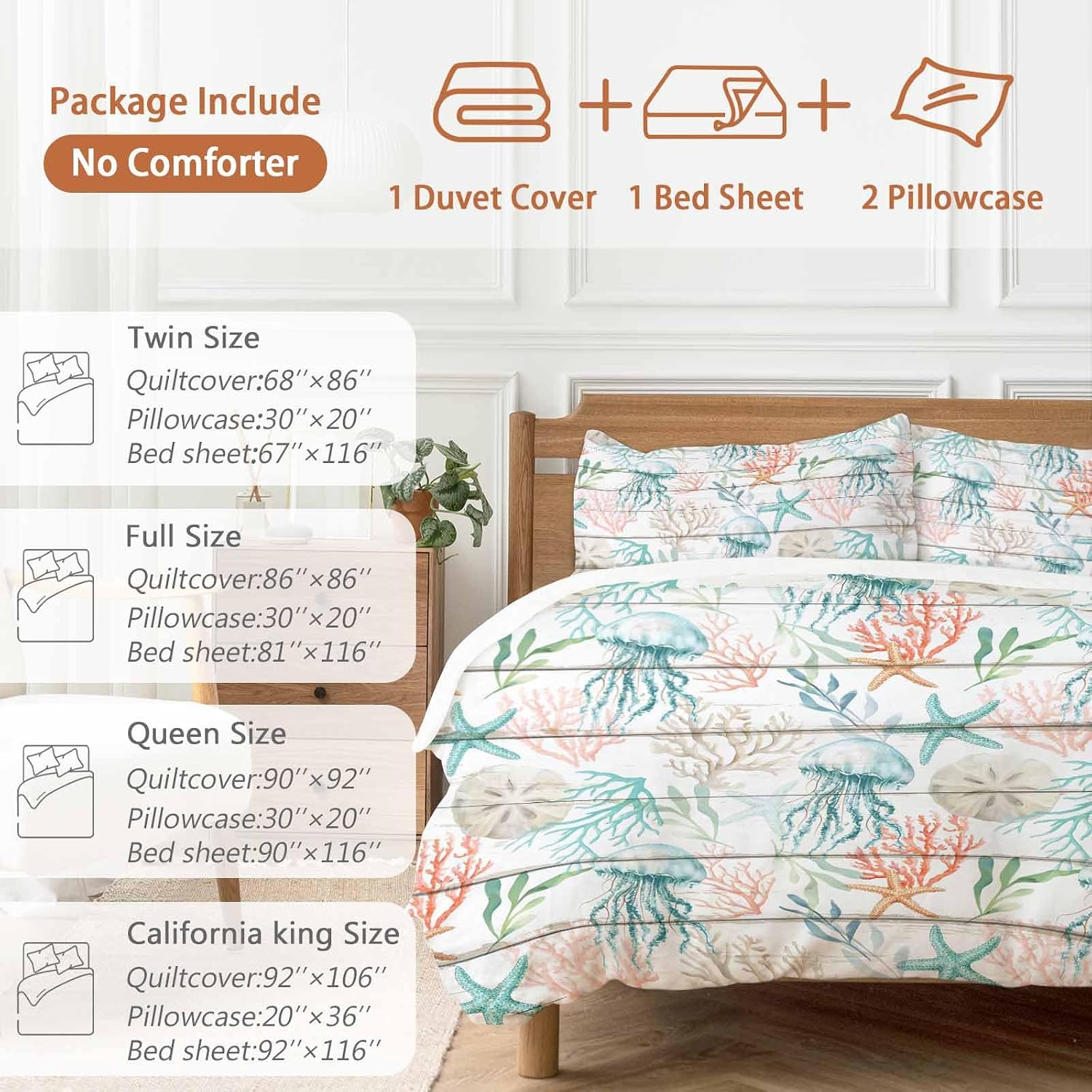 Prime Leader Teal Jellyfish Starfish Duvet Cover Set Queen Size 4 Pieces Summer Beach Coral Shell Board Bedding Set with Zipper Closure, 1 Comforter Cover 90x92 Inches 1 Flat Sheet & 2 Pillow Cases