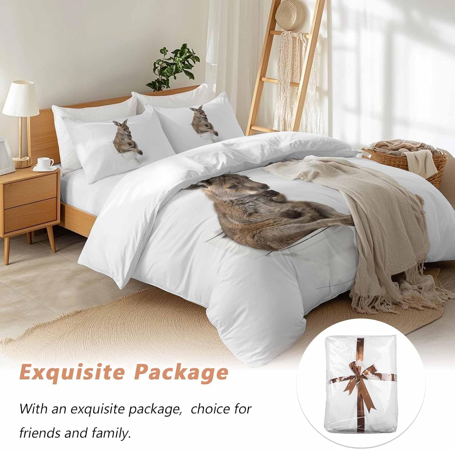 Kangaroo Sitting on The Toilet Thinking Duvet Cover Set Queen Size 4 Pieces Abstract Funny Animal Bedding Set with Zipper Closure, 1 Comforter Cover 86x86 Inches 1 Flat Sheet & 2 Pillow Cases