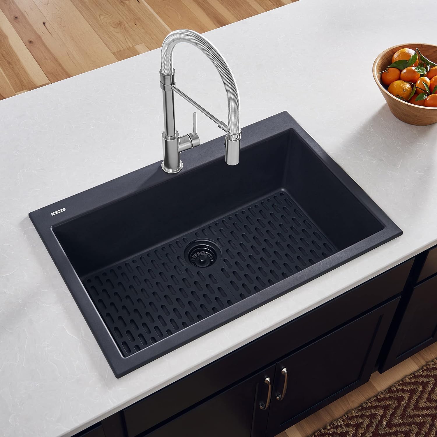 Ruvati 27 x 20 inch Drop-in Topmount Granite Composite Quartz Single Bowl Kitchen Sink - Midnight Black - RVG1027BK