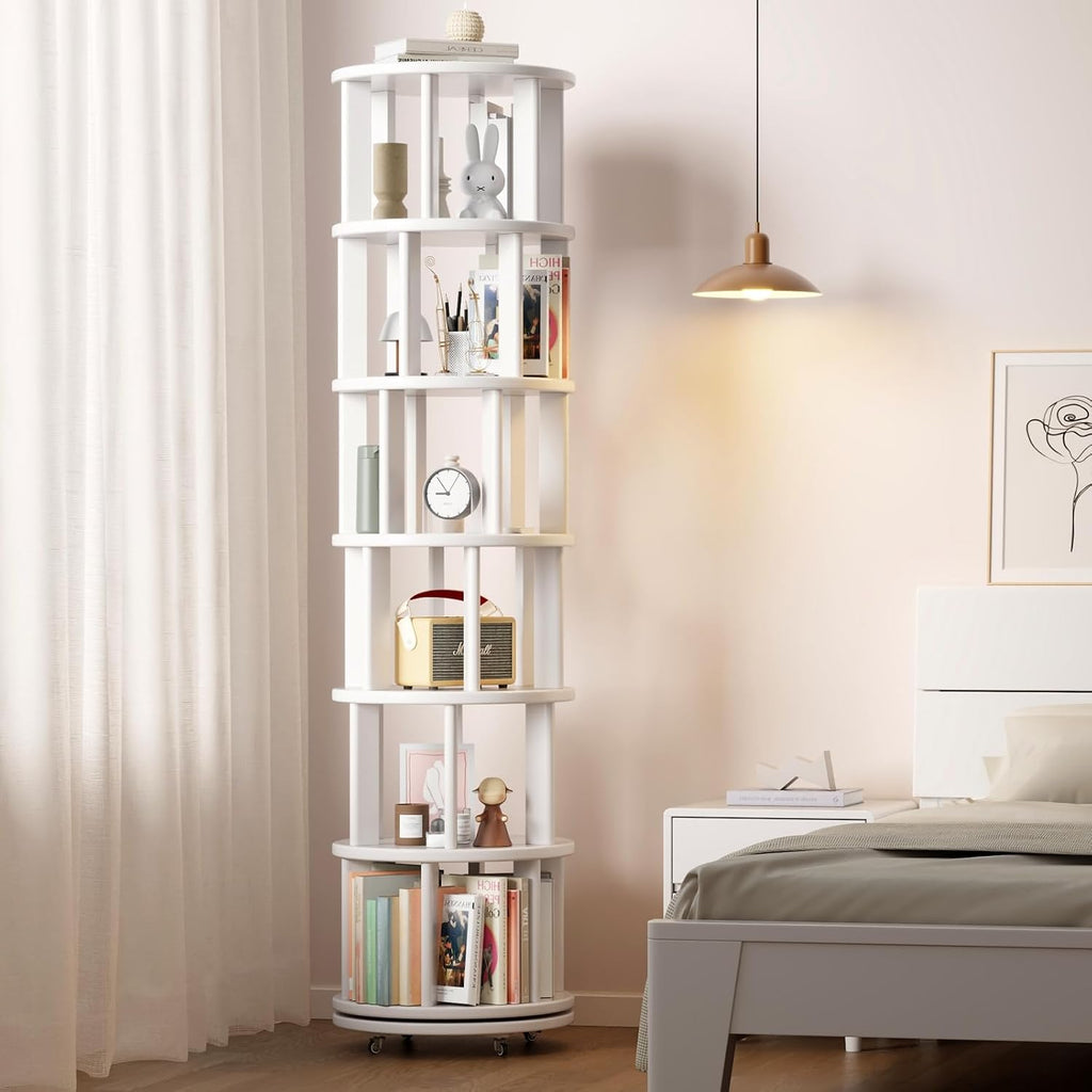 Muwuele Solid Wood Rotating Bookshelf on Wheels, 6 Tier, Round Revolving Bookcase, 360° Spinning Book Shelf Tower for Kids, Narrow Rolling Bookshelves for Small Space, Corner, Bedroom, Office, White