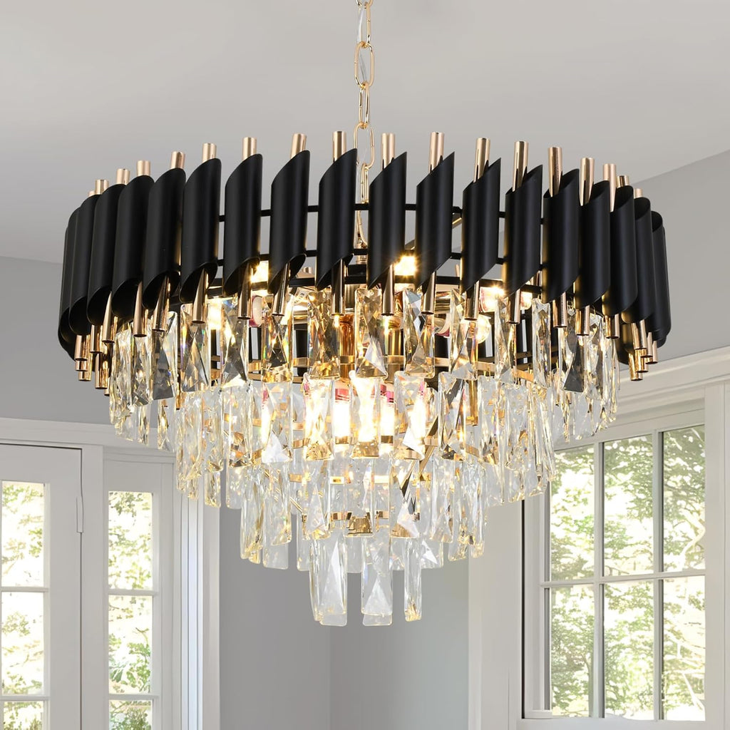 Modern Crystal Chandelier, 9-Light Black and Gold Round Pendant Light Fixture, 23.6' Luxury Hanging Ceiling Light for Dining Room, Living Room, Kitchen Island, Bedroom, Entryway, E12 Base