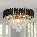 Modern Crystal Chandelier, 9-Light Black and Gold Round Pendant Light Fixture, 23.6' Luxury Hanging Ceiling Light for Dining Room, Living Room, Kitchen Island, Bedroom, Entryway, E12 Base
