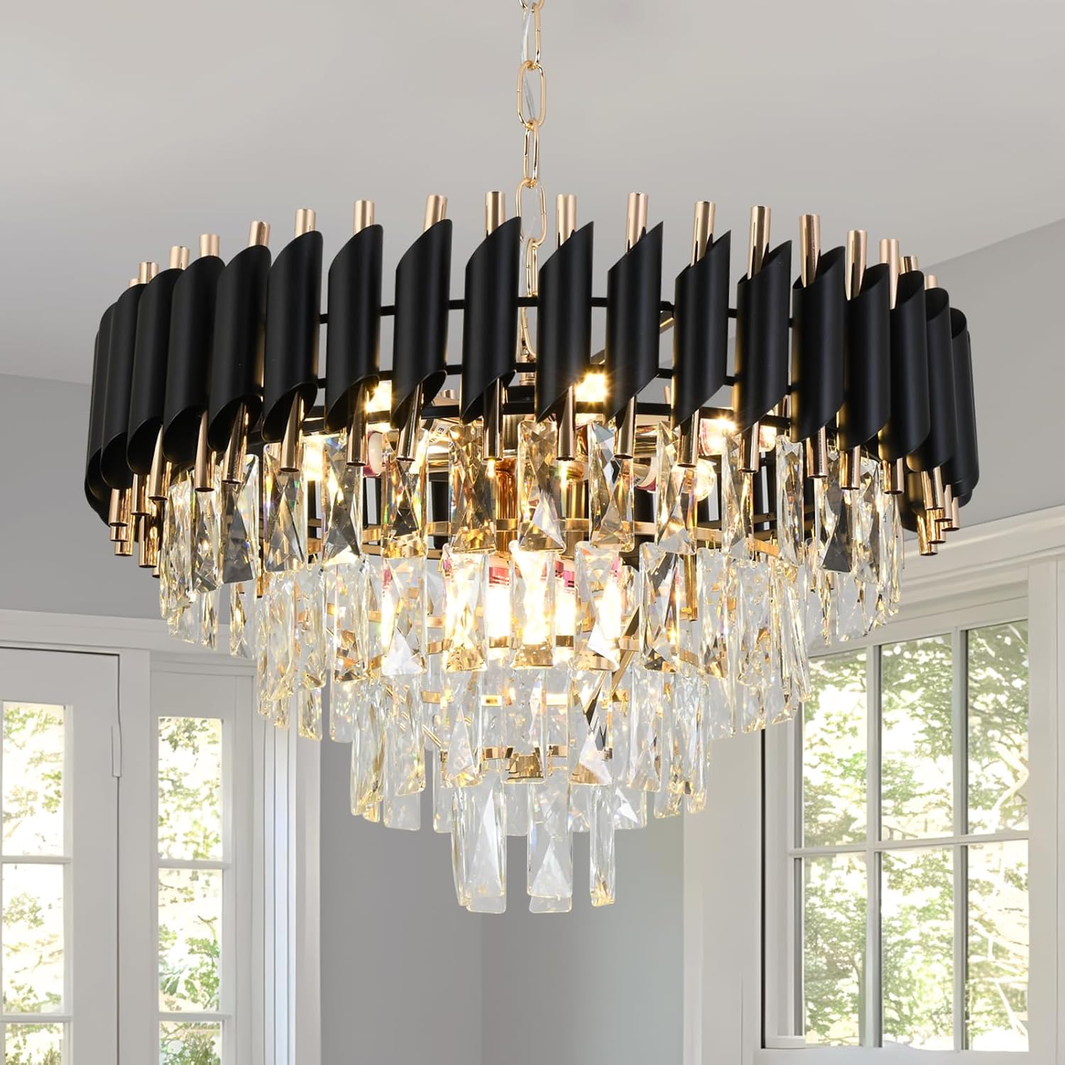 Modern Crystal Chandelier, 9-Light Black and Gold Round Pendant Light Fixture, 23.6' Luxury Hanging Ceiling Light for Dining Room, Living Room, Kitchen Island, Bedroom, Entryway, E12 Base