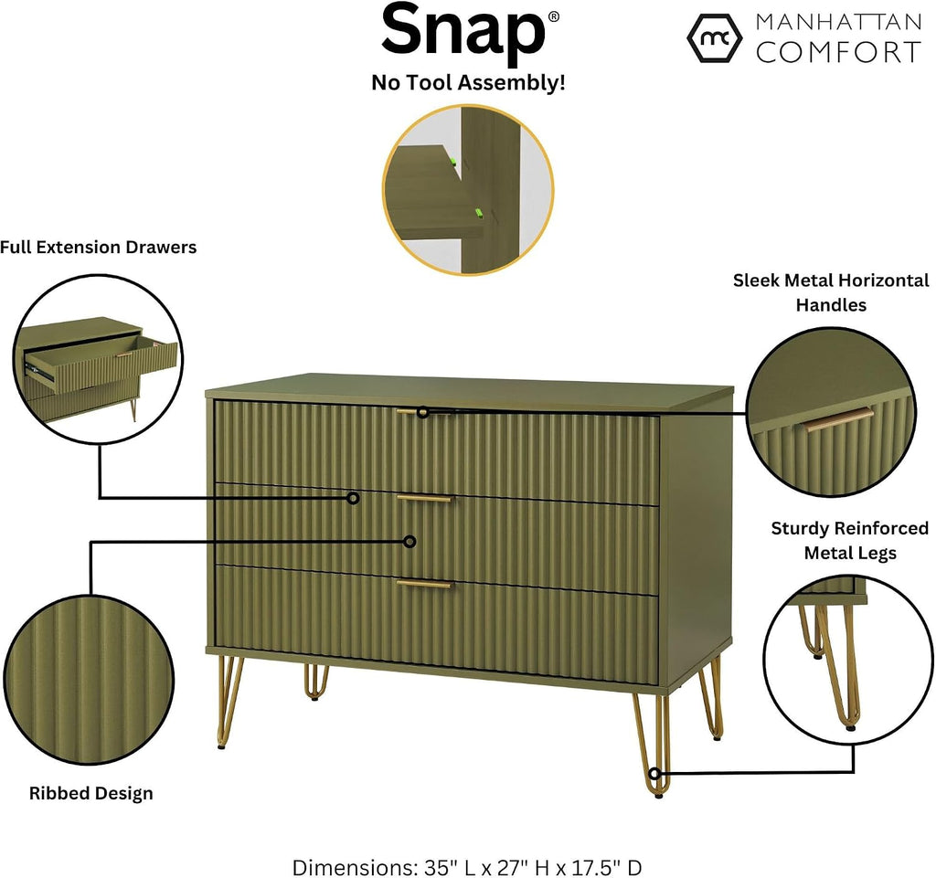 Manhattan Comfort Dumbo Modern 3 Drawer Dresser with Fluted Ribbed Front, No Tool Assembly, Hairpin Splayed Gold Metal Legs, Storage Chest, Entryway Cabinet for Bedroom, Living Room in Olive Green