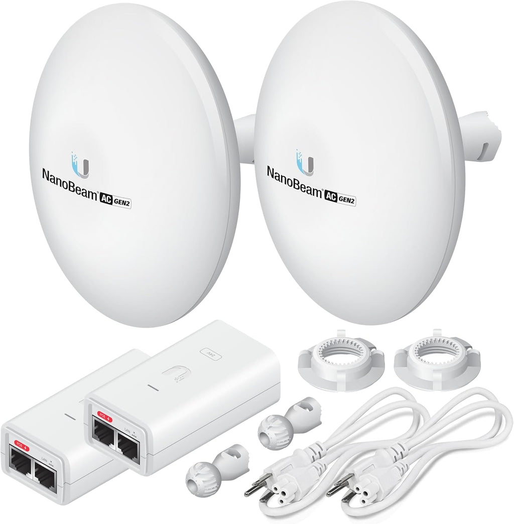 Wireless Bridge NBE-5AC-GEN2 PRE-CONFIGURED Bundle of 2 Ubiquiti NanoBeam 5AC GEN2, 2 Units Kit 100% Configured as Outdoor Point-to-Point Wi-Fi Bridge, Plug and Play, 450+ Mbps Speed, 15+ km Range.