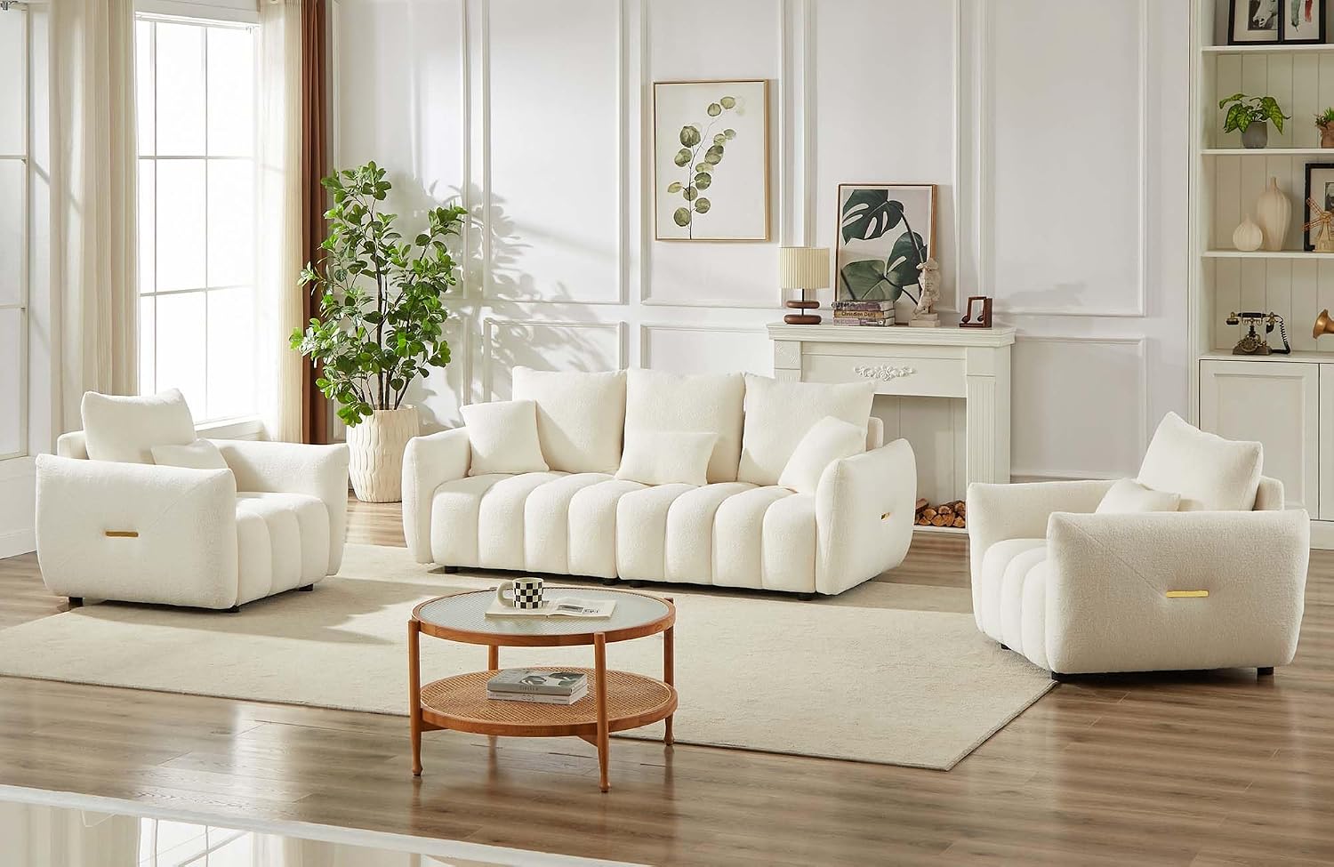 Antetek Teddy Sofa Set for Living Room, Modern Deep Seat Sofa Chair and Oversized 3-Seater Cloud Boucle Couch for Bedroom, Office, Apartment, Furniture Set, Beige (2 Piece)