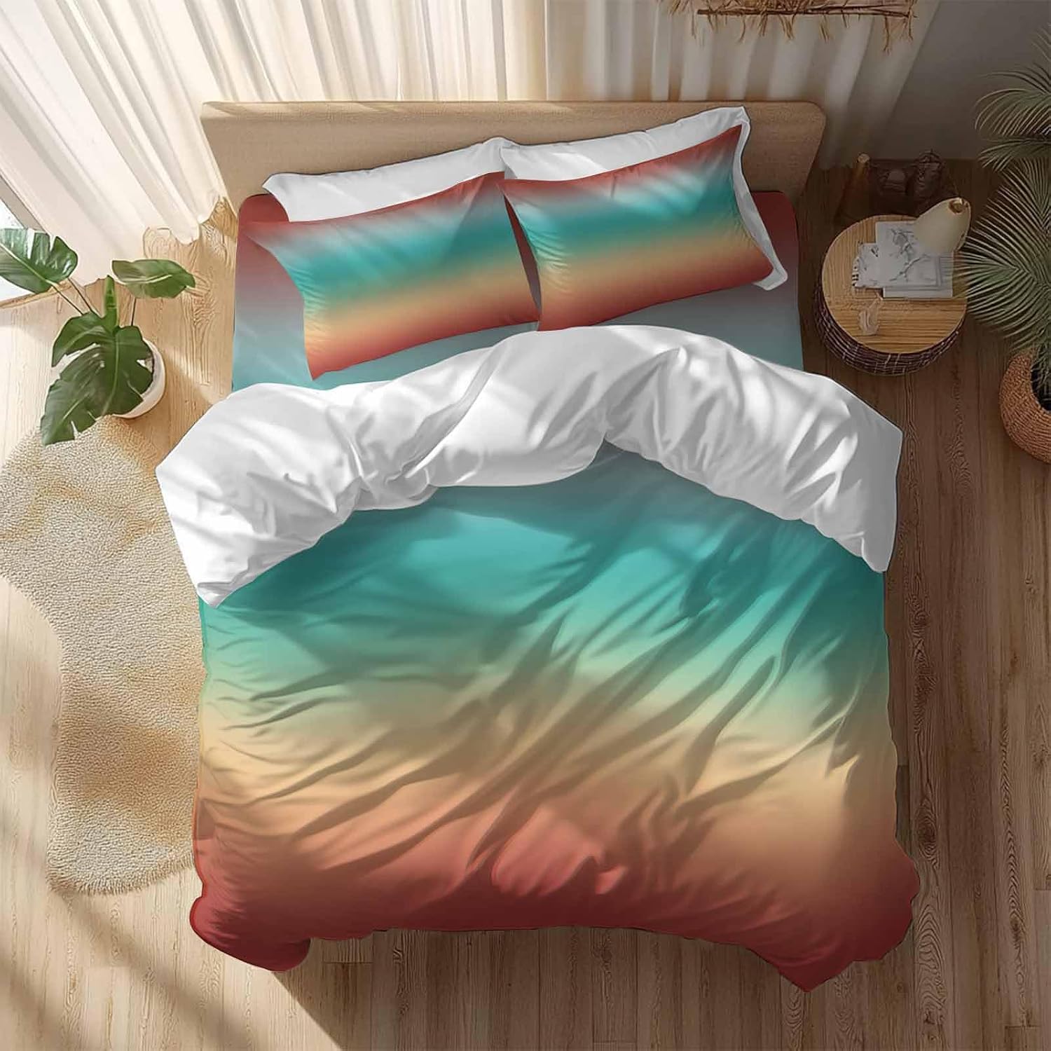 Bohemian Gradient Red Duvet Cover Set Queen Size 4 Pieces Modern Minimalist Green Yellow Ocean Beach Bedding Set with Zipper Closure, 1 Comforter Cover 90x92 Inches 1 Flat Sheet & 2 Pillow Cases