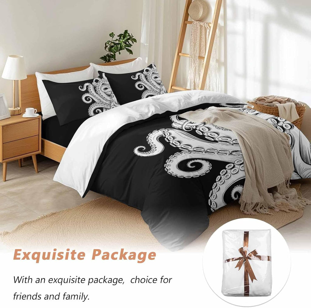 Abstract Octopus Duvet Cover Set Queen Size 4 Pieces Vintage Gray White Octopus Touches Black Background Bedding Set with Zipper Closure, 1 Comforter Cover 92x106 Inches 1 Flat Sheet & 2 Pillow Cases