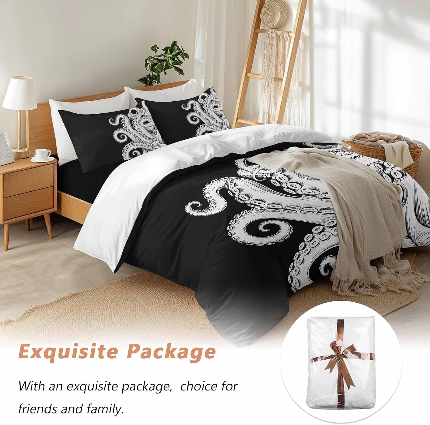 Abstract Octopus Duvet Cover Set Queen Size 4 Pieces Vintage Gray White Octopus Touches Black Background Bedding Set with Zipper Closure, 1 Comforter Cover 92x106 Inches 1 Flat Sheet & 2 Pillow Cases