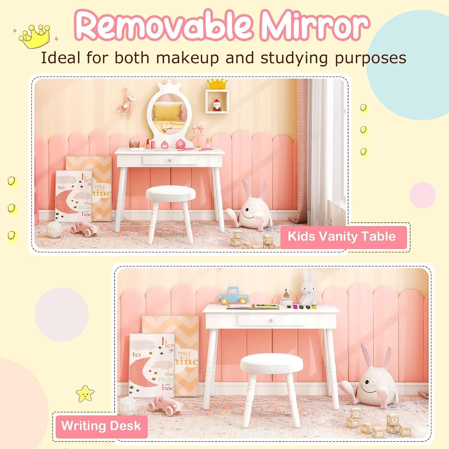 GLACER Kids Vanity with Stool, Rotatable Kids Jewelry Armoire, Kids Vanity Table and Chair Set w/Coat Rack, Storage Shelves, Full-Length Mirror, Solid Wood Legs, Kids Bedroom Furniture (White)