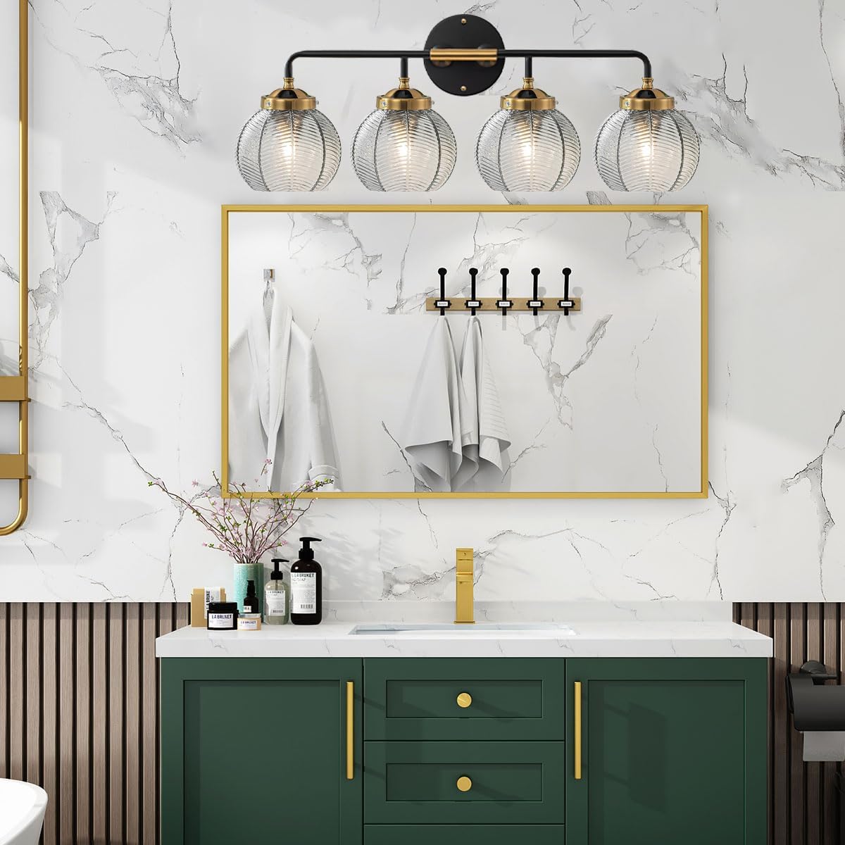 4-Light Bathroom Vanity Light Black Wall Light Sconces with Smoky Gray Glass Shade Mid Century Bathroom Wall Lights Fixtures Modern Vanity Lamp for Over Mirror Living Room Cabinet