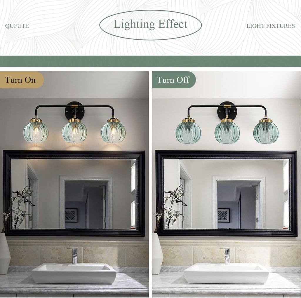 3-Light Bathroom Vanity Light Black Wall Mount Light with Green Glass Shade, Mid Century Wall Sconce Lights Modern Vanity Lamp for Over Mirror Bedroom Hallway