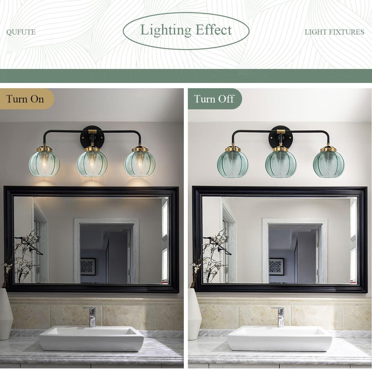 3-Light Bathroom Vanity Light Black Wall Mount Light with Green Glass Shade, Mid Century Wall Sconce Lights Modern Vanity Lamp for Over Mirror Bedroom Hallway
